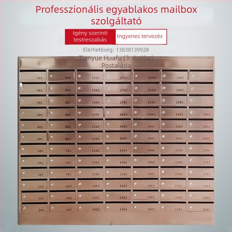 Rozsdamentes acélból készült falra szerelhető postaláda, beltéri és kültéri használatra, több szintű, több rekesszel és ajtóval, villastílusú
