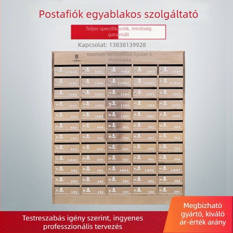 Rozsdamentes acélból készült falra szerelhető postaláda, beltéri és kültéri használatra, több szintű, több rekesszel és ajtóval, villastílusú