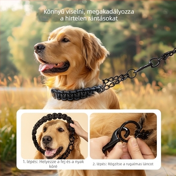 Nagy teherbírású, vastag P-láncos nylon póráz és vaslánc nyakörv közepes és nagy testű kutyáknak (Golden Retriever, Border Collie)