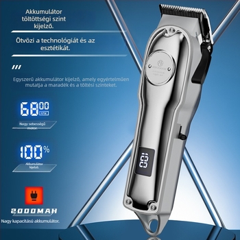Professzionális hajvágó fodrászathoz LCD kijelzővel, vezeték nélküli töltés, beépített 2000–4000 mAh akkumulátor, rozsdamentes acél pengék, kefemotor