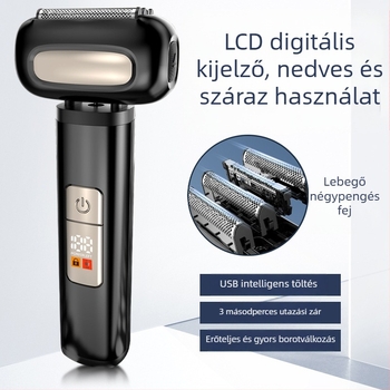 4 penge elektromos borotva, mosható fej, digitális kijelző, visszafelé mozgású, nedves és száraz használatra, férfiak számára
