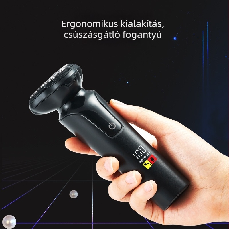 Férfiak számára tervezett elektromos borotva, lebegő fejű, 3 pengés forgó rendszerrel, újratölthető