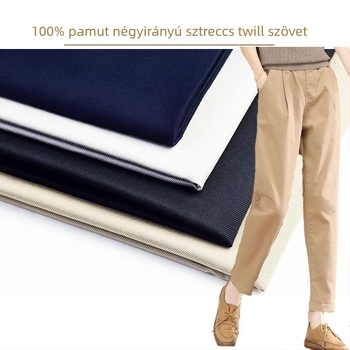 Pamut elasztikus twill nadráganyag, 180 g/m², négyirányú elasztikusság, tavasz-nyár, casual és munkaruházat