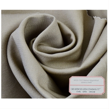 Pamut elasztikus twill nadráganyag, 180 g/m², négyirányú elasztikusság, tavasz-nyár, casual és munkaruházat