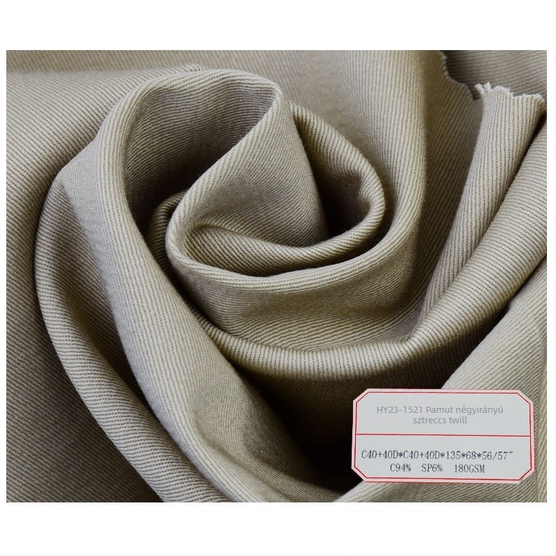 Pamut elasztikus twill nadráganyag, 180 g/m², négyirányú elasztikusság, tavasz-nyár, casual és munkaruházat