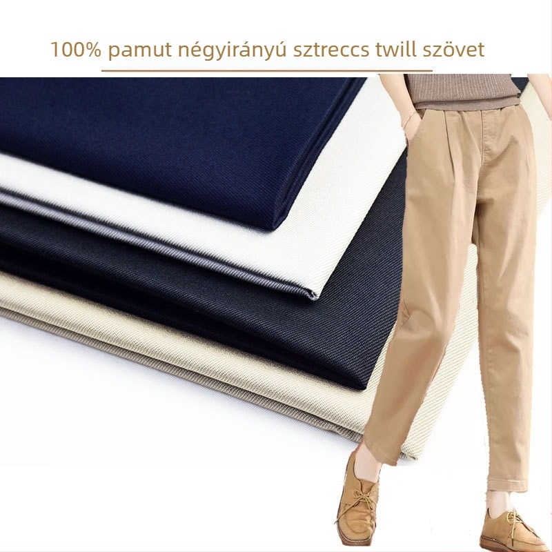 Pamut elasztikus twill nadráganyag, 180 g/m², négyirányú elasztikusság, tavasz-nyár, casual és munkaruházat