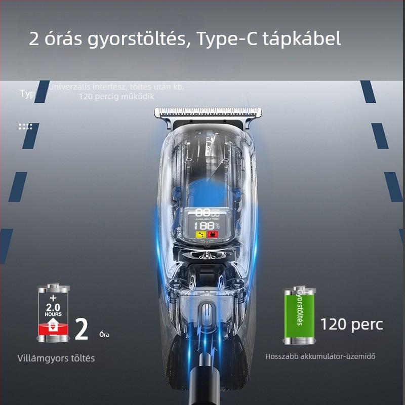 Elektromos hajvágó otthoni és fodrászati használatra, USB-töltéses, nagy teljesítményű, digitális kijelző, rozsdamentes pengék