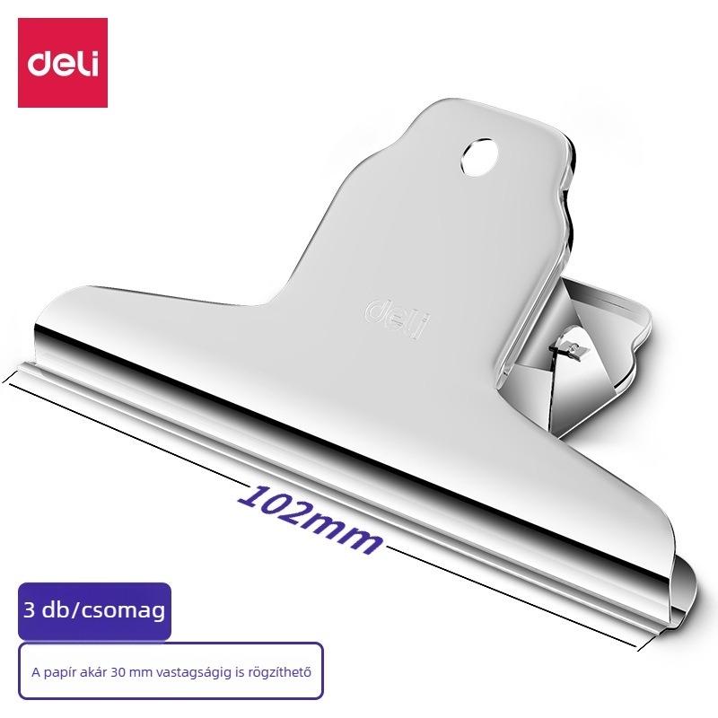 Deli 9532 Formájú fém jegyclip, ezüst színű dokumentum rendező, 3 darabos készlet, 102 mm