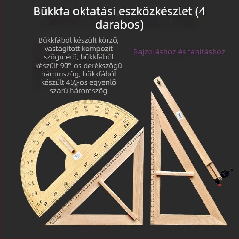 Bükkfa oktatási készlet: nagy háromszögvonalzó, szögmérő és körző