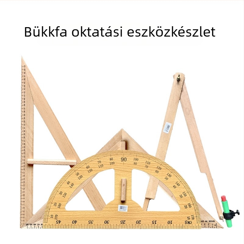 Bükkfa oktatási készlet: nagy háromszögvonalzó, szögmérő és körző