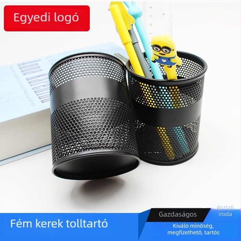 Többcélú kerek, fém tolltartó irodai asztalhoz logóval