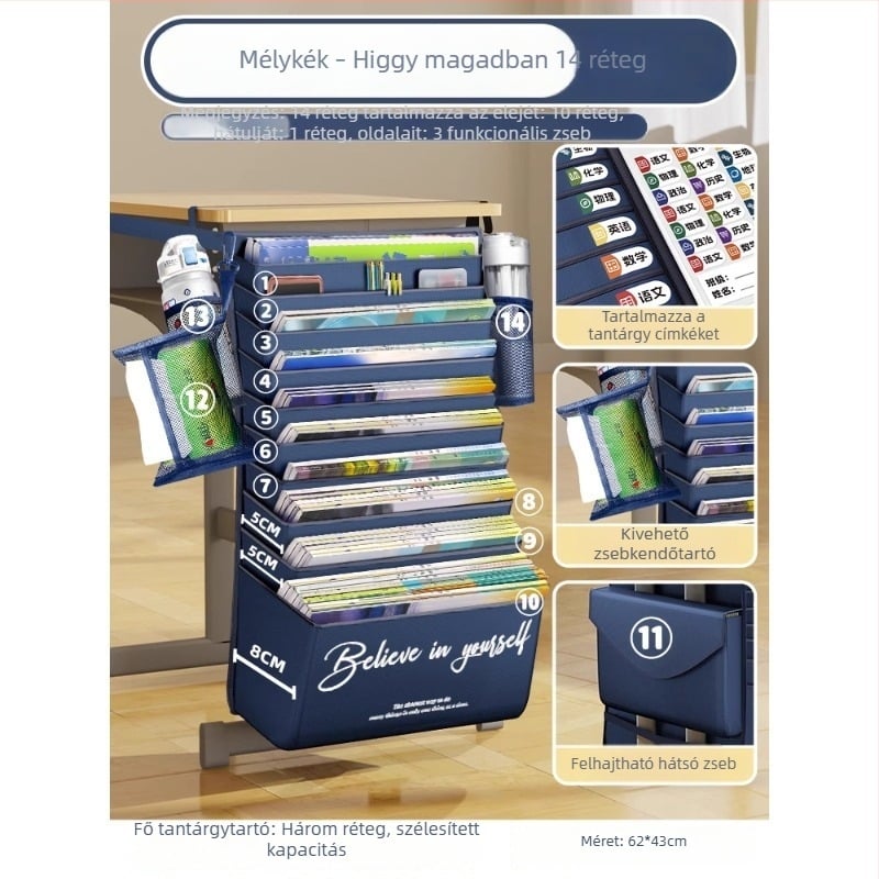 Nagy kapacitású, az asztal oldalához rögzíthető könyvtáska, porálló, több rekesszel