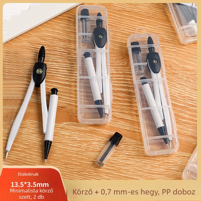  Toll formájú körző két darabos készlet 0,7 mm-es visszahúzható töltővel, középiskolások számára, PP tároló dobozban