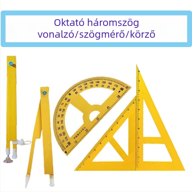 Geometriai oktatási készlet: háromszögvonalzó, körző, szögmérő, többfunkciós körző és fehértábla marker klipsz