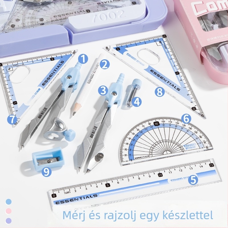 Diákoknak szánt körző- és vonalzó készlet, 9 részes alumínium ötvözetű rajzeszközök