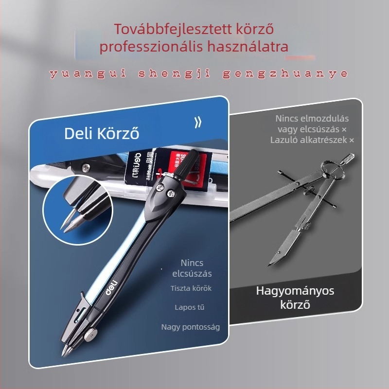 Deli körző készlet vizsgákra, fém klipszes toll, professzionális rajzeszközök, vonalzó általános iskolásoknak
