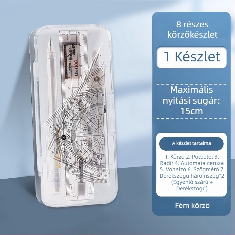 Deli VC211 fém körzőkészlet – 8 darabos készlet (körző, vonalzó, háromszög, szögmérő)