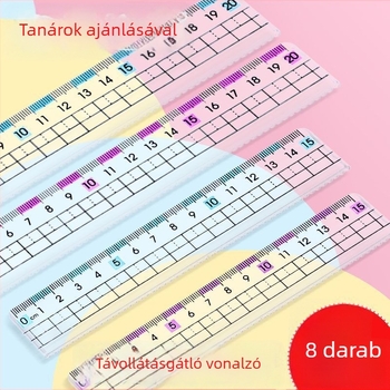 Többcélú vonalzó diákok számára elegáns dizájnnal, mérőskálákkal és segédvonalakkal, a rövidlátás megelőzésére ajánlott.
