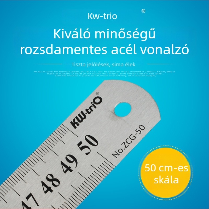 50 cm rozsdamentes acél vonalzó, dupla oldalú skála, faipari célokra, iroda és iskola számára