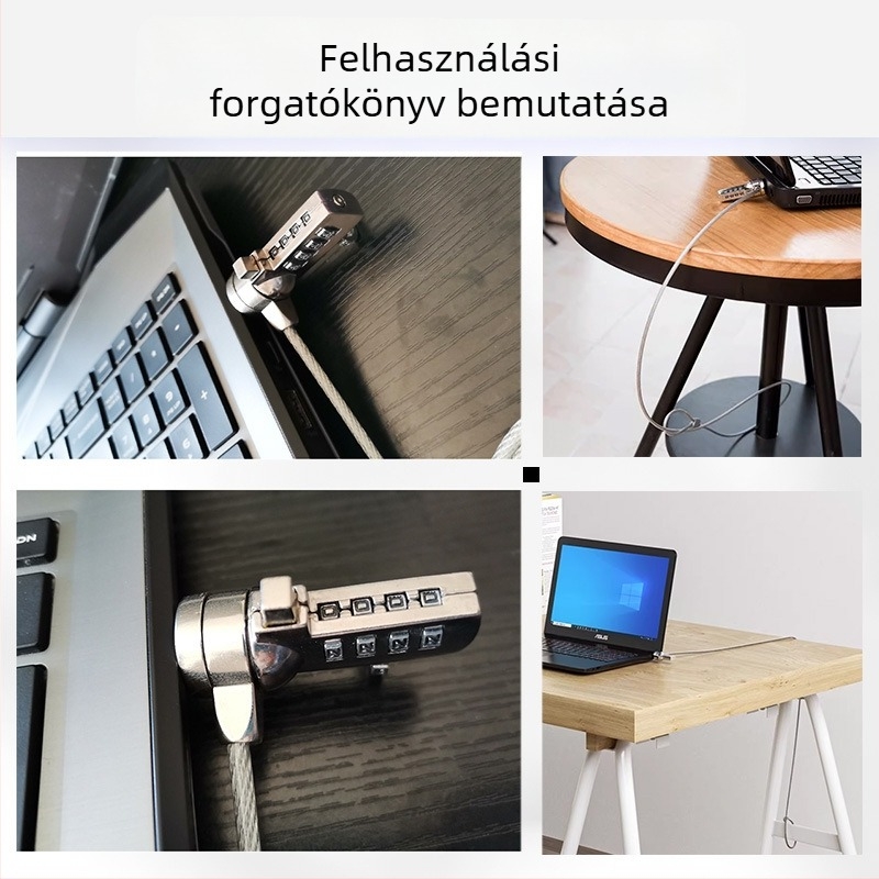 Xmm Xin Password 4 számjegyű laptopzár acélkötéllel, lopás elleni védelem, univerzális, hordozható