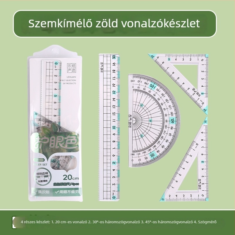20 cm-es 4 részes vonalzó készlet csatos tokban – tartalmaz egyenes vonalzó, set square és protractor