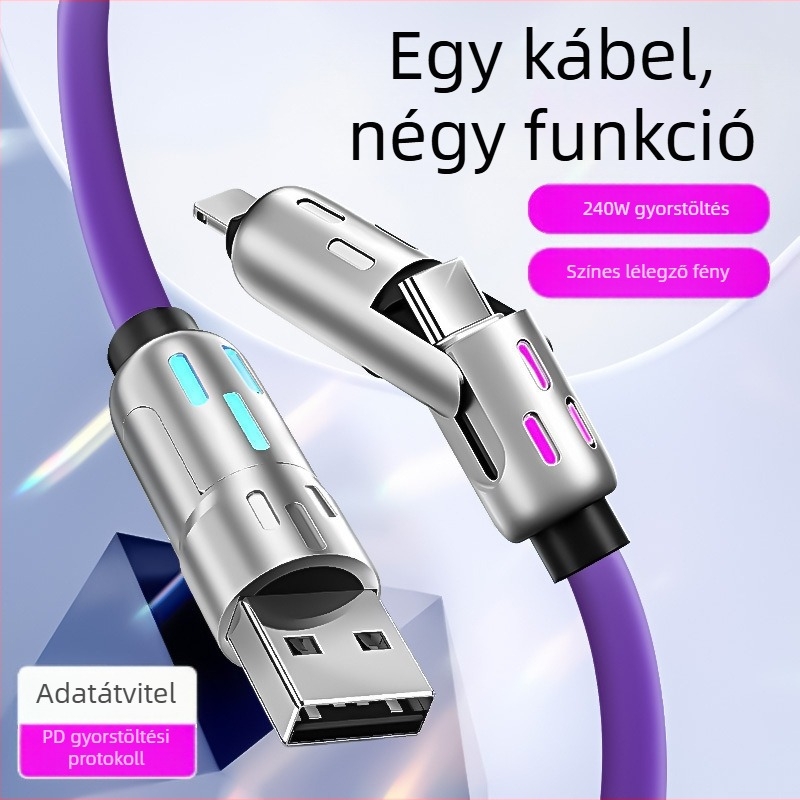 240W RGB lélegző fényű 4–az–1-es gyors töltésű adatkábel iPhone, Android és Type-C eszközökhöz