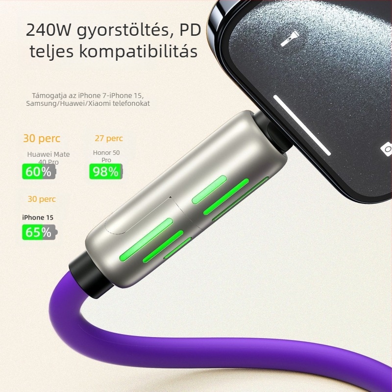 240W RGB lélegző fényű 4–az–1-es gyors töltésű adatkábel iPhone, Android és Type-C eszközökhöz