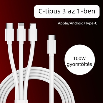 Type-C 3-in-1 adatkábel, 100W gyorstöltés, hossz 1–2 m, fehér, csatlakozók: Type-C, Lightning, Micro USB