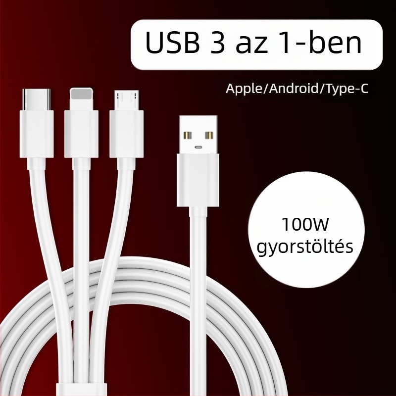 Type-C 3-in-1 adatkábel, 100W gyorstöltés, hossz 1–2 m, fehér, csatlakozók: Type-C, Lightning, Micro USB