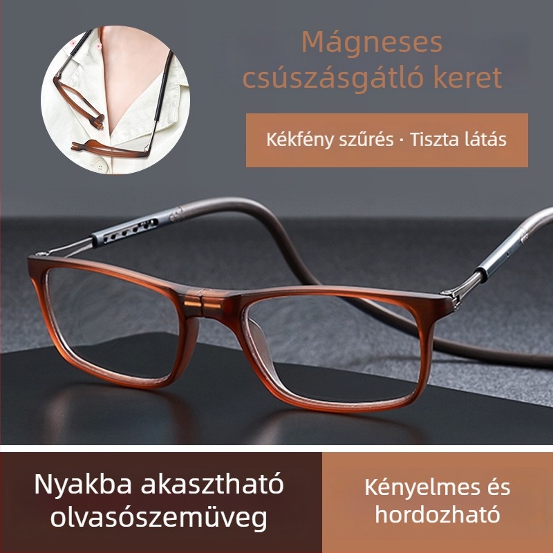 Mágneses nyakba akasztható olvasószemüveg, kékfény elleni védelemmel, hordozható pánttal