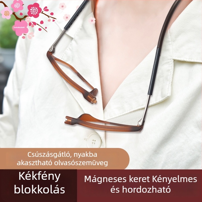 Mágneses nyakba akasztható olvasószemüveg, kékfény elleni védelemmel, hordozható pánttal