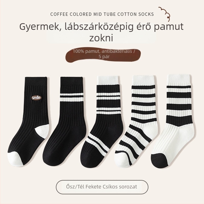Gyerekeknek pamut térdmagas zokni őszre-télre, vastagított, légáteresztő, 3–8 év, minták: csíkok, egyszínű, betűk
