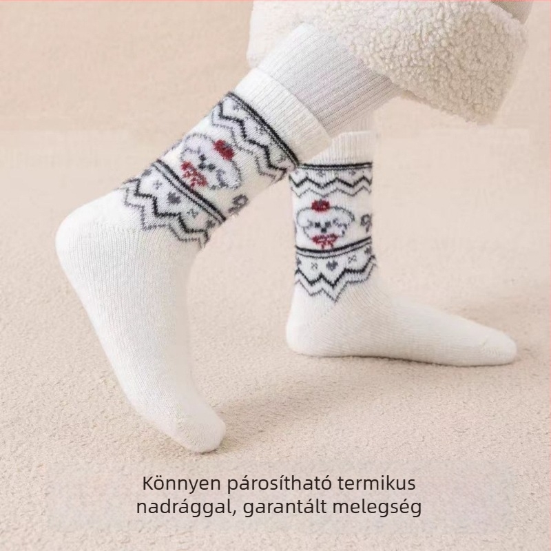 Gyerek zokni ősz-tél, vastag gyapjúból, uniszex, koreai stílusú hímzett kiskutya mintával, középmagas hosszúságú