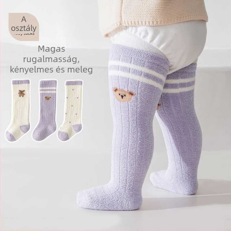 Újszülött térd fölé érő zokni, mintás, hosszú téli zokni korall fleece béléssel