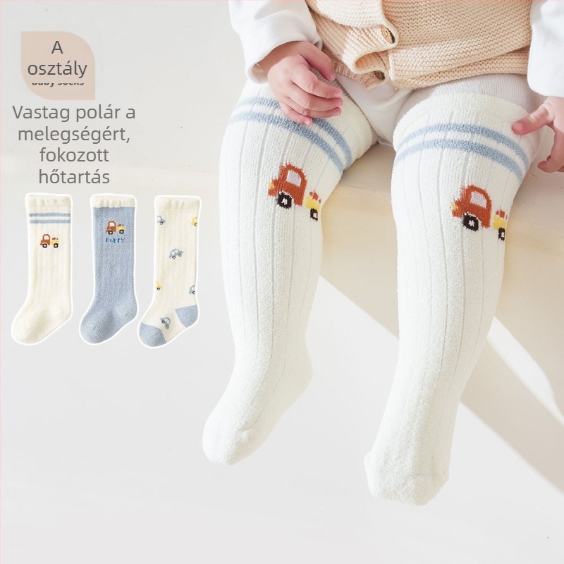 Újszülött térd fölé érő zokni, mintás, hosszú téli zokni korall fleece béléssel