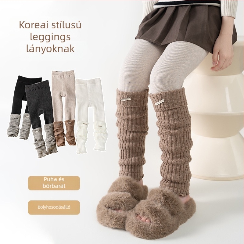 Kötött középmagasságú zoknik összefüggő leggings-szel lányoknak, vastag és meleg őszi-téli szezonra