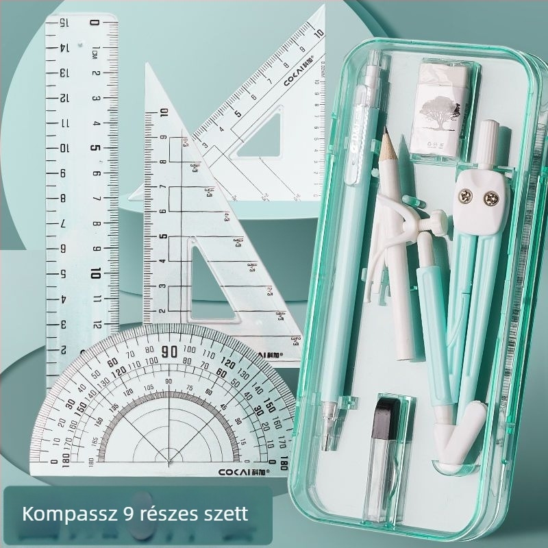 4 részes körző és vonalzó készlet, világoskék, háromszöges vonalzókkal, diákok számára, többfunkciós rajzkészlet