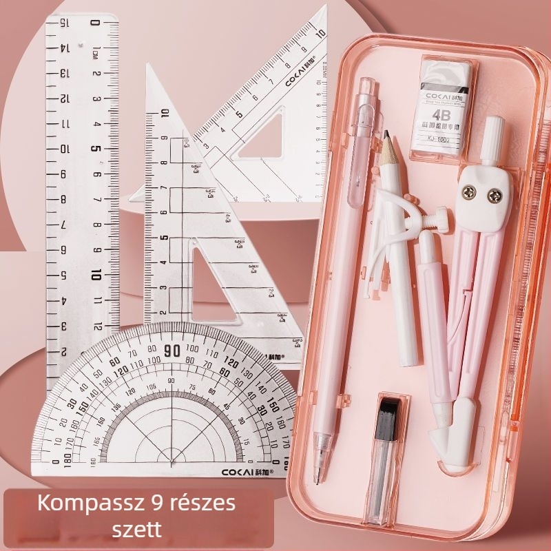 4 részes körző és vonalzó készlet, világoskék, háromszöges vonalzókkal, diákok számára, többfunkciós rajzkészlet