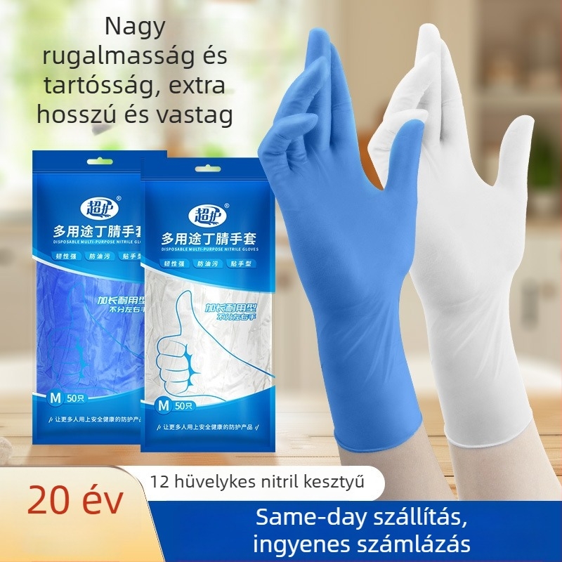 12 hüvelykes nitril kesztyűk, egyszer használatos, vastagított és tartós, konyhai, háztartási és élelmiszer-feldolgozási felhasználásra