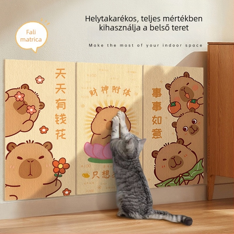 Függőleges falra szerelt macska karmoló deszka, kopásálló felülettel, önragasztó falvédő matricával, macska mászásához és karmok reszeléséhez