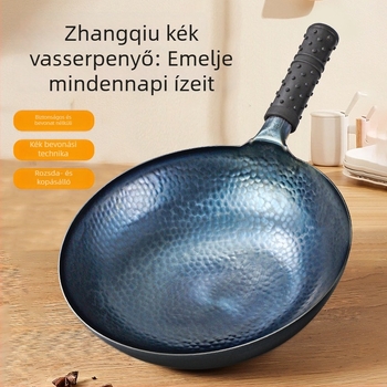 Zhangqiu kézzel készített hagyományos vasból készült wok gömbölyű alappal, bevonat nélkül, tapadásmentes, alkalmas gáztűzhelyhez és indukciós főzőlaphoz