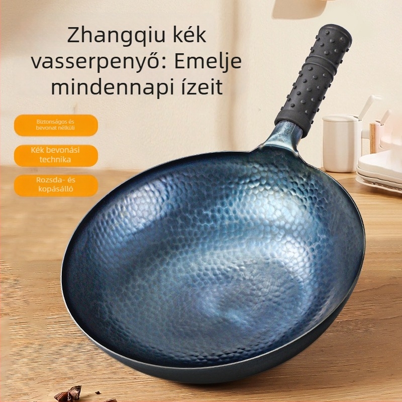 Zhangqiu kézzel készített hagyományos vasból készült wok gömbölyű alappal, bevonat nélkül, tapadásmentes, alkalmas gáztűzhelyhez és indukciós főzőlaphoz
