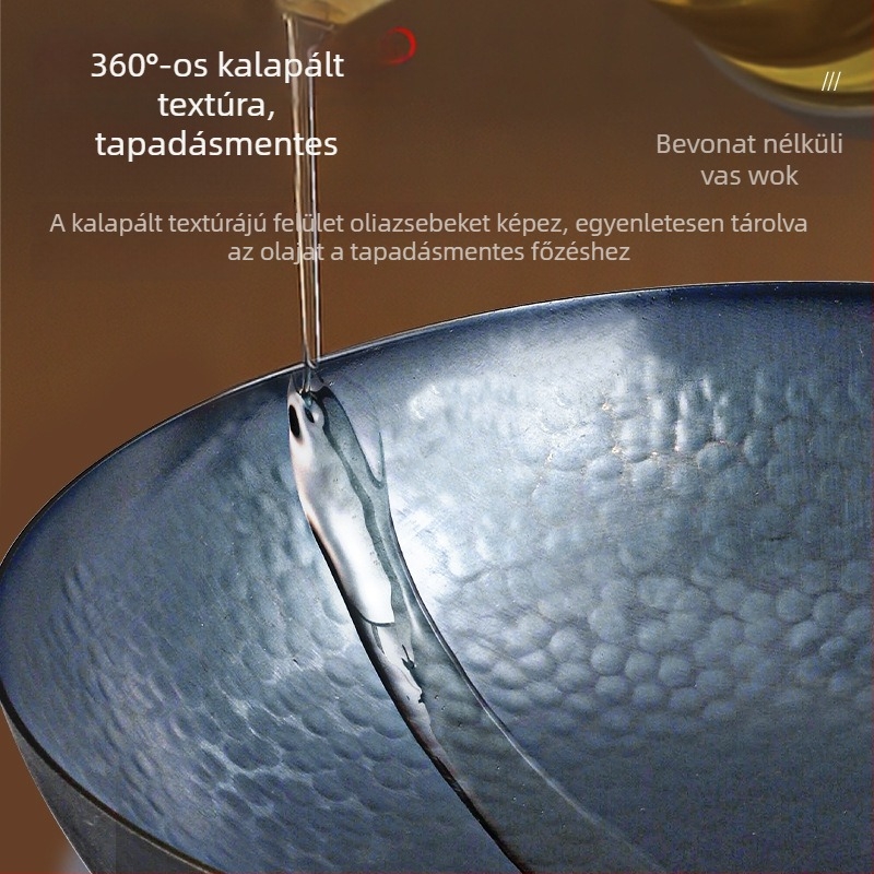 Zhangqiu kézzel készített hagyományos vasból készült wok gömbölyű alappal, bevonat nélkül, tapadásmentes, alkalmas gáztűzhelyhez és indukciós főzőlaphoz