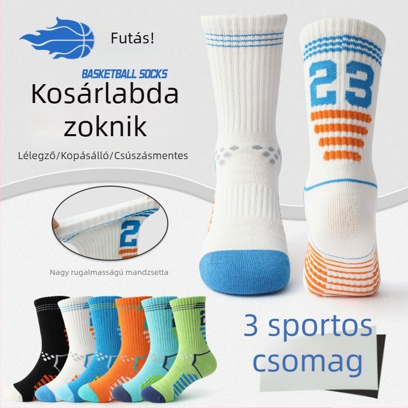 Gyermekek pamut kosárlabda zoknijai, középhosszú, tavasz–ősz, légáteresztő, nedvszívó, szagtalanító, fiúknak