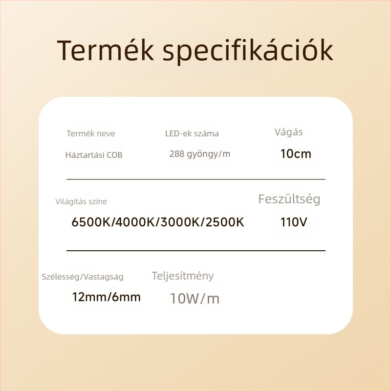 Kültéri vízálló 110V-os LED-szalag, öntapadós COB lágy lineáris szalag, 288 LED, CRI ≥98, fehér / meleg fehér / meleg sárga