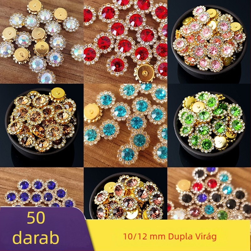 Kétszintes virágos napraforgó rhinestone hajdísz, masnival, 10/12 mm, kézzel gyöngyözött és kézzel varrt kövekkel