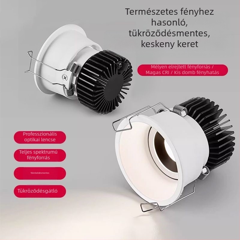 Beépíthető LED spotlámpa keskeny kerettel és domborodó formával, antireflexiós felülettel, magas színvisszaadási indexű nappali világításhoz; mennyezeti downlight és falmosó világítás