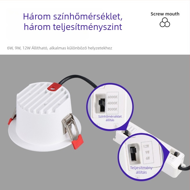Beépíthető LED mennyezeti downlight háromszínű fényerő-szabályozással, alumínium ház, 75 mm nyílás, 6–10W, 220V, távirányító, 6000K fehér fény