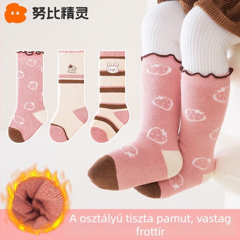 Baba téli zokni bélelt fleece-sel, vastag, középső szárú, újszülötteknek 0–12 hónap, pamut