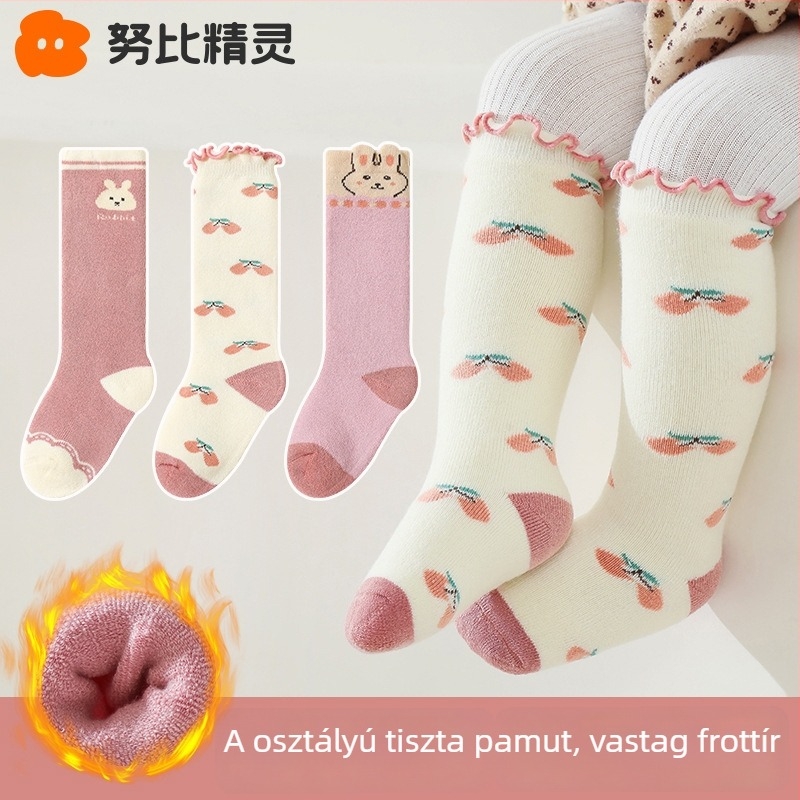 Baba téli zokni bélelt fleece-sel, vastag, középső szárú, újszülötteknek 0–12 hónap, pamut